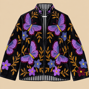 <b>Women</b> Floral Embroidered Velvet Mandarin <b>Collar</b> Robe Full-Length Long Sleeve Reversible Cotton Vintage Soft Autumn Style - Product Image 2