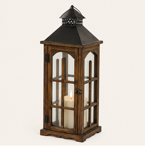 Farol de Madera Rústico Hecho a Mano con Tapa Metálica Decorativa, Estilo Vintage de Granja, Farol de Cristal para Interiores - Product Image 2