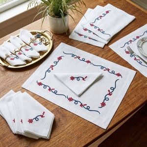 Custom Embroidery Anchor Boat Design <b>Placemat</b>&Napkin Set for Home Restaurant White Cotton Luxury <b>Placemat</b>&Napkin Set - Product Image 1