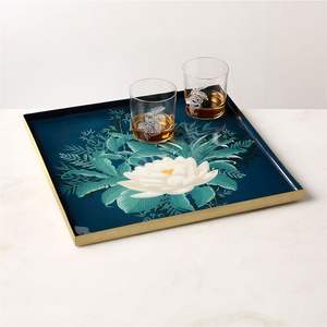 Plateau de service artisanal en émail peint à la main - Plateau décoratif géométrique floral haut de gamme - Plateau de service en bois personnalisé en gros - Product Image 5