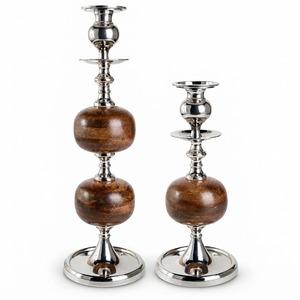 ชุดเชิงเทียนไม้แบบดั้งเดิม 2 ชิ้น ฐานโลหะทรงกลม ตกแต่งโต๊ะบ้าน - Product Image 1
