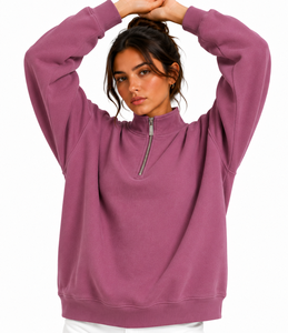 Sudadera de forro polar para mujer, oversize, con media cremallera, manga larga, color liso, hombros caídos, dobladillo asimétrico y cuello con capucha, para invierno - Product Image 5