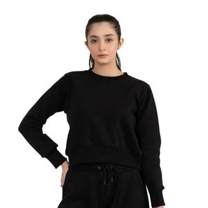 <b>Women's</b> <b>Black</b> Crew Neck Long Sleeve Cropped <b>Sweatshirt</b> Fitted Casual Top with Elastic Waist Detail Minimalist Everyday Activew - Product Image 1