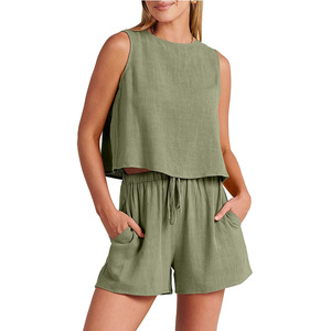 Ensemble Sport Décontracté d'Été 2 Pièces pour Femme : Haut Court Tendance & Short à Cordon, 5 Couleurs Unies, Tailles S-XL, Hauts à Boutons au Dos - Product Image 1