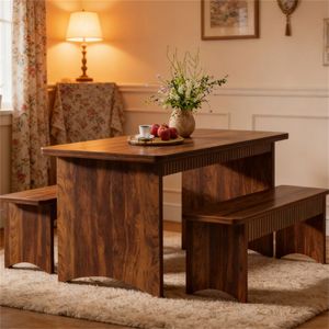 Set da Pranzo con 2 Panche e Tavolo, Set da Sala da Pranzo in Legno Rettangolare in 3 Pezzi - Product Image 4