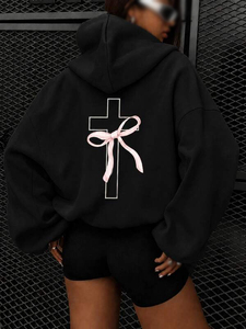 Streetwear Women Hoodies Black Pink Bow Cross <b>Back</b> Graphic Oversized Cotton Fleece <b>Drop</b> Shoulder Autumn Winter Bulk Manufacturer - Product Image 5