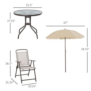 Set da pranzo da 6 pezzi Beige con ombrellone sedie pieghevoli e tavolo in vetro per la configurazione dei pasti all'aperto - Product Image 3