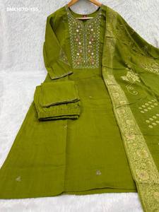 Premium Collection Viscose Mango Silk with Multi-Embroidery <b>Sequin</b> & Hand work Kurti-<b>Pant</b> & Muslin Silk Dupatta Indian Exporter - Product Image 5