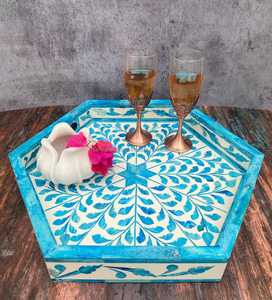 Luxueux élégant bois hexagone plateau de service os incrustation motif mariage Table à manger décor à la maison émail couleur pouf plateau 50pcs - Product Image 5