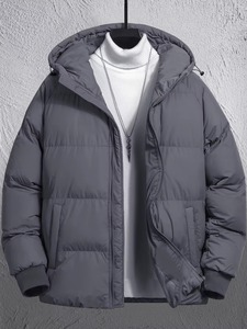 Men's Winter Sports Standard Jacket Fashionable Casual Stand Zipper Front Hooded Cotton Solid Color Cold Resistant Windproof - Product Image 5