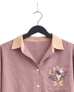 Ensemble deux pièces décontracté pour femme : chemise rose poudré et pantalon large beige en coton et lin avec poches brodées – Idéal pour l'été - Product Image 6