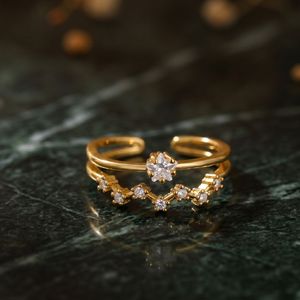 Wholesale 18K Gold Plated Stainless Steel Classic Double Layer Zircon Open <b>Ring</b> with Channel Setting and Star Detail - Product Image 4