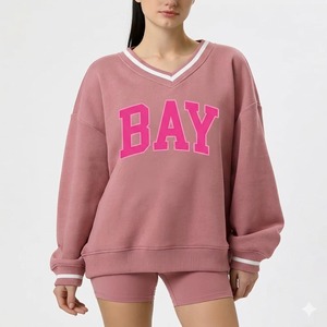 Sweat-shirt en coton pour femme, coupe oversize, col en V, épaules tombantes, avec imprimé lettres Fox et sequins sur le devant, pour tenue décontractée d'automne - Product Image 2