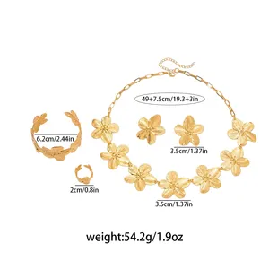 Gold Plated Floral Jewelry Set <b>Statement</b> <b>Necklace</b> Bracelet Ring Earrings Women's Party Romantic Style Link Chain - Product Image 4
