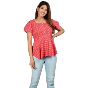 Haut d'été carré en rayonne à rayures imprimées, couleur rouge, décontracté, pour usage quotidien, confortable, élégant, écologique, respirant, pour femme, vente en gros - Product Image 1