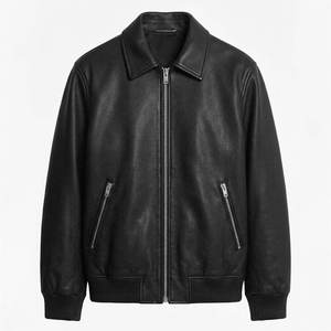 Blouson aviateur en cuir véritable noir pour homme, col rabattu, fermeture éclair, manteau décontracté d'automne - Product Image 1