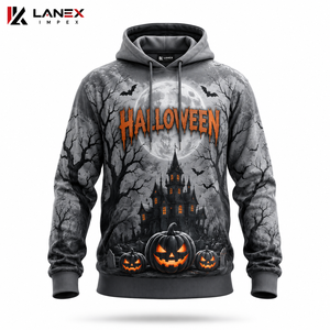 Sweat à capuche unisexe personnalisé en polyester gris, motif citrouille d'Halloween et maison hantée, style gothique streetwear, par sublimation - Product Image 3