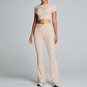 Women Short Sleeve High Waist Flared Leggings 2 Piece <b>Sets</b> <b>Yoga</b> Fitness Clothing <b>Set</b> custom logo and custom desighn - Product Image 5