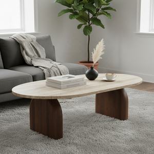 Table basse en travertin avec pieds en bois pour salon, vente en gros B2B - Product Image 2