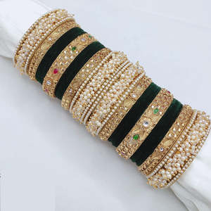 Designer Kundan & Pearl Velvet <b>Bangle</b> <b>Set</b> Elegant Wedding Jewelry Premium Bridal Bracelets Collection - Product Image 1