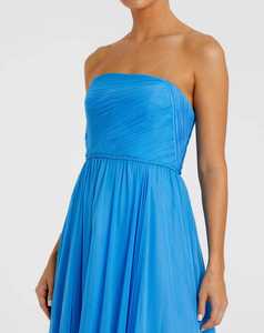 Robe de soirée longue en satin bleu sans bretelles, ornée de perles, anti-plis, taille naturelle, style vintage - Product Image 2