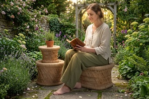 Tabouret en bambou naturel tissé à la main, pouf en osier fait main, écologique, moderne, rond, durable, décoration de la maison pour Diwali - Product Image 3