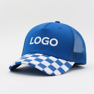 INDEX APPAREL <b>Purple</b> Mesh Trucker Cap 6-Panel Adjustable Unisex Casual <b>Hat</b> Spring Summer Checkered Brim Embroidery Logo Front - Product Image 3
