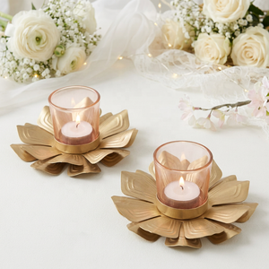 Popular Metal Lotus Tea Light Candle Holder with Teal Pink <b>Mini</b> Glass for Home and Weddings Decoration - Product Image 1