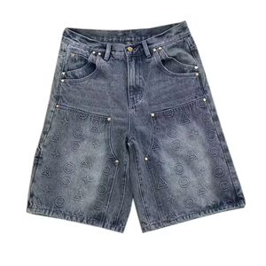 Streetwear Denim Shorts Distressed Embroidery Rhinestone Fitness Jogger Athletic Workout Gym Mesh Jorts <b>Jeans</b> Shorts <b>Men</b> - Product Image 1
