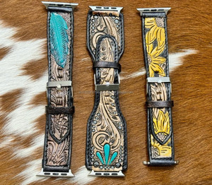 Nouvelle vente tendance fait à la main en cuir véritable conception personnalisée Western Floral outillé peint bracelet de montre Boho remplacement bracelet de montre - Product Image 2