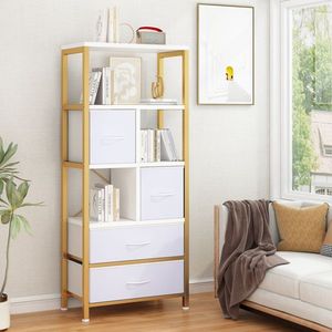 Libreria a 5 Ripiani in Legno con 4 Cassetti, Struttura in Truciolato e Ferro, Tessuto Non Tessuto, 60x30x147cm, Cornice Dorata, Pannello Bianco - Product Image 3