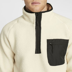 Men's Cream Fleece Pullover 1/4 Zip Sweater With Black Contrast Pocket Autumn Wear - Product Image 2