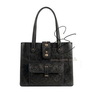 SEHRAINN Genuine Leather Vintage Tote Bag With Tooled Hasp Closure Daily Use Women's Handbag Black Office Shoulder Purse - Product Image 2