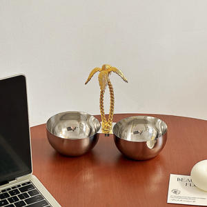 Luxury Silver <b>3</b> Section Serving Bowl With Gold Palm Tree Handle Elegant Metal Triple Nut Tray For Tropical Home Decor - Product Image 3