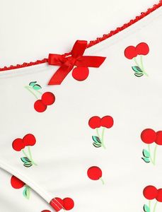 Conjunto de Bikini con Estampado de Cerezas para Mujer, Top Triangular con Escote Pronunciado, Braguita Tipo Tanga, Ribete en Contraste, Spandex, Poliéster Elástico - Product Image 5