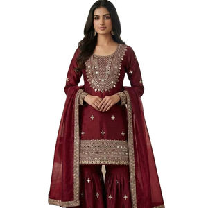Ensemble Salwar et pantalon prêt-à-porter entièrement cousu, magnifique design de col, style col rond, longueur genou, idéal pour mariage / fête / Aïd. - Product Image 1