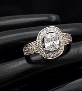 Classic Silver Plated Princess Cut <b>Cubic</b> <b>Zirconia</b> Engagement <b>Ring</b> With Pave Setting For Women - Product Image 2