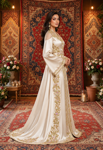 Caftan marocain en velours ivoire prune Mishkat Couture, broderie dorée à la main, col en V, longueur maxi, pour femmes musulmanes, tenue de soirée, hiver - Product Image 4