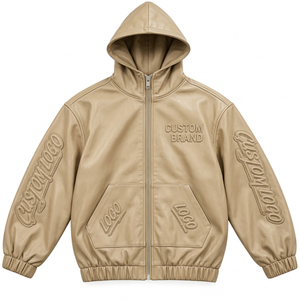 Veste à capuche zippée en similicuir personnalisée pour homme, avec manches embossées, style urbain décontracté, vêtement d'extérieur tendance - Product Image 1