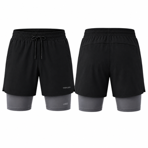 Custom Solid <b>Black</b> Men's 2-in-1 Performance Shorts Mid Waist Double Layer Quick Dry Sporty Running Shorts with Pockets - Product Image 1