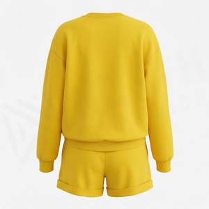 Ensemble de survêtement jaune 2 pièces pour femme, col rond, manches longues, short, coupe ample, décontracté, couleur unie, tricoté en coton, printemps-été - Product Image 2