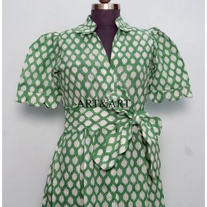 Vestido Midi Estampado a Mano para Boda India, 100% Algodón, Clásico, Casual, Manga Corta, Corte en A, para Verano - Product Image 4