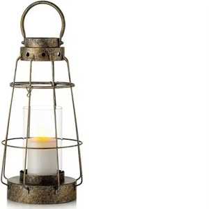 Rustic bronze cylindrical lantern glass holder lit <b>candle</b> curved handle vintage farmhouse indoor outdoor lighting sturdy - Product Image 1