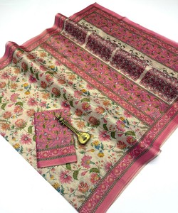 Traditional Indian Cotton Saree With Floral Print Pink Border <b>Floor</b> Length Casual Wear All Seasons Style TWT 1096 85202 - Product Image 5