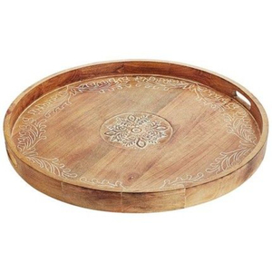 Bandeja Redonda de Madera Rústica Ecológica con Patrón Tallado a Mano, Plato Decorativo para Servir Té, Café y Aperitivos, Organizador de Madera - Product Image 1