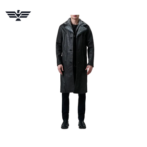 <b>Men's</b> Long PU Leather Motorcycle Jacket with Sherpa Lining Breathable Windproof <b>Winter</b> Casual Wear Stand Collar Single Breasted - Product Image 1