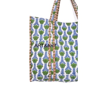Indian Hand Block Printed <b>Quilted</b> Women's Summer Fashion Tote Shopping Carry Shoulder Bag Multi-Color Floral Print Cotton Two - Product Image 5