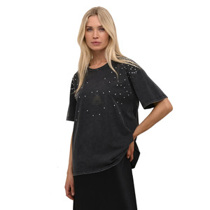 Camiseta Lisa Vintage con Lavado Ácido para Mujer, Venta al por Mayor, Camisetas con Estampado de Diamantes de Imitación, Ropa Urbana, Colección de Verano, Diseño 100% Algodón - Product Image 3