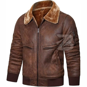 <b>Men's</b> Genuine Leather Aviator <b>Jacket</b> With Faux Fur Collar Zipper Closure Winter Moto Biker Style Thick Warm Coat - Product Image 4
