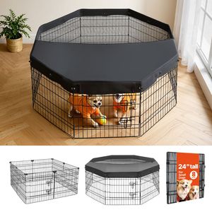 Recinto per Cani Pieghevole a 8 Pannelli da 24 Pollici con Copertura Superiore, Recinzione Metallica per Esercizio Indoor per Animali Domestici - Product Image 1